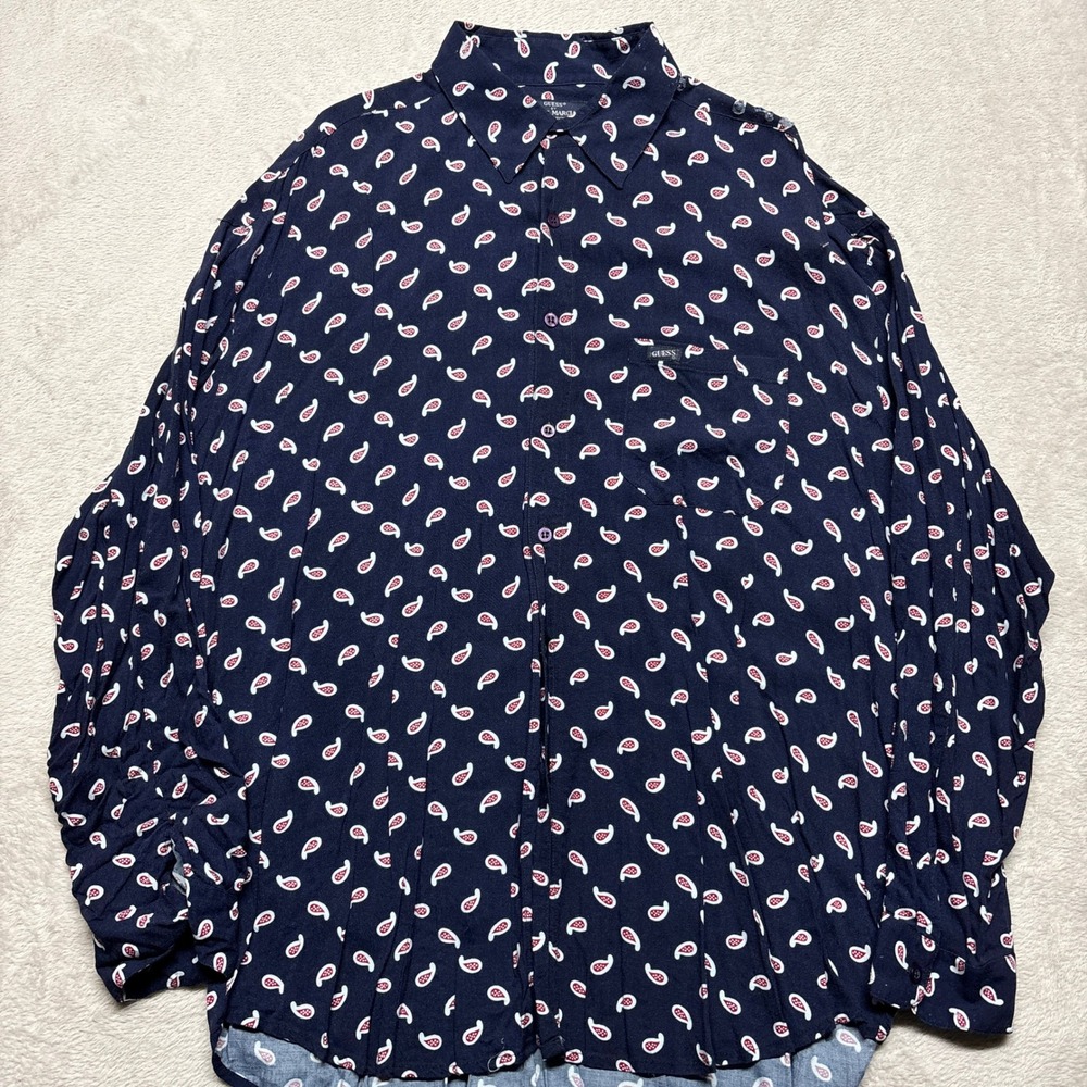 Guess Shirt Mens XL Georges Marciano Navy Blue Paisley Rayon Button Down Vintage